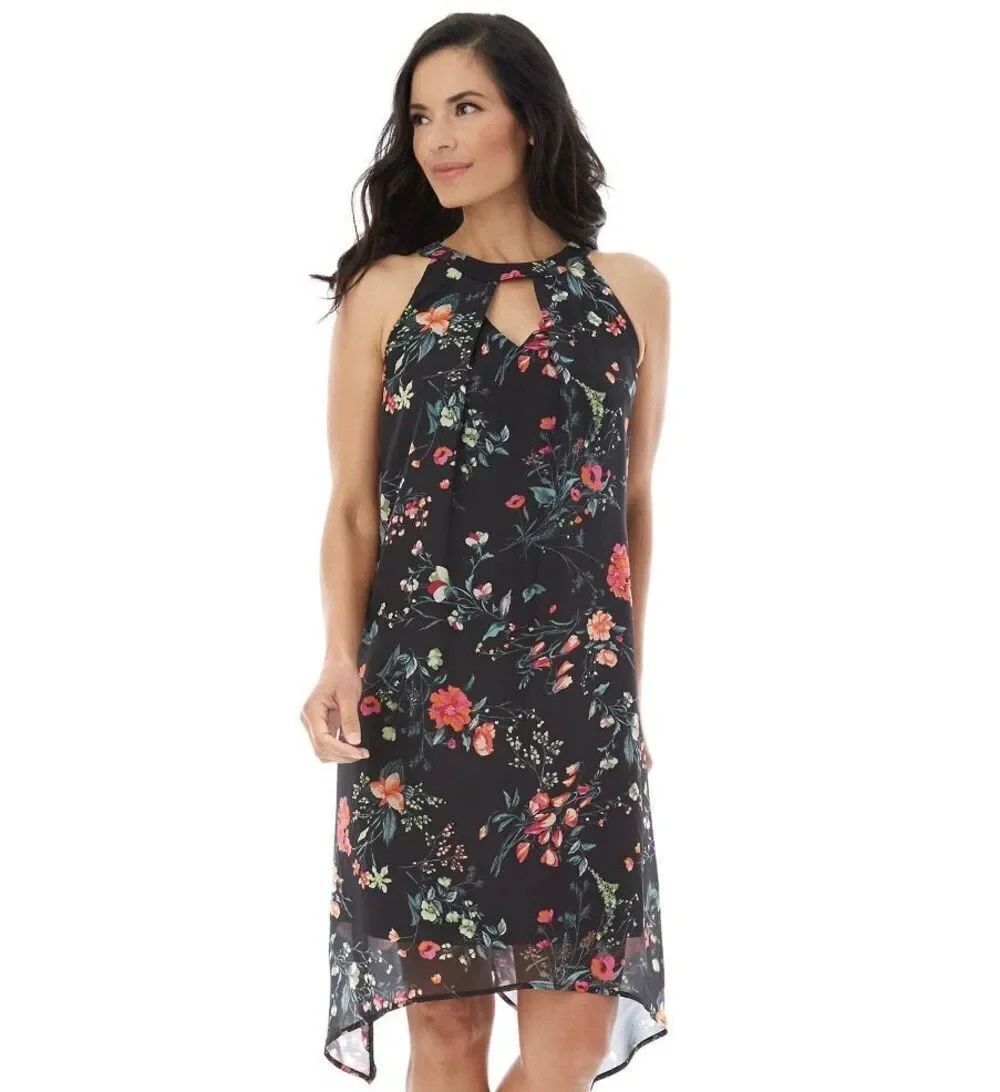 AB Studio Print Handkerchief Shift Dress Black Floral-LARGE